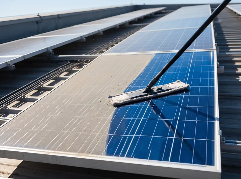 Limpieza en seco de un panel solar con mopa de microfibra